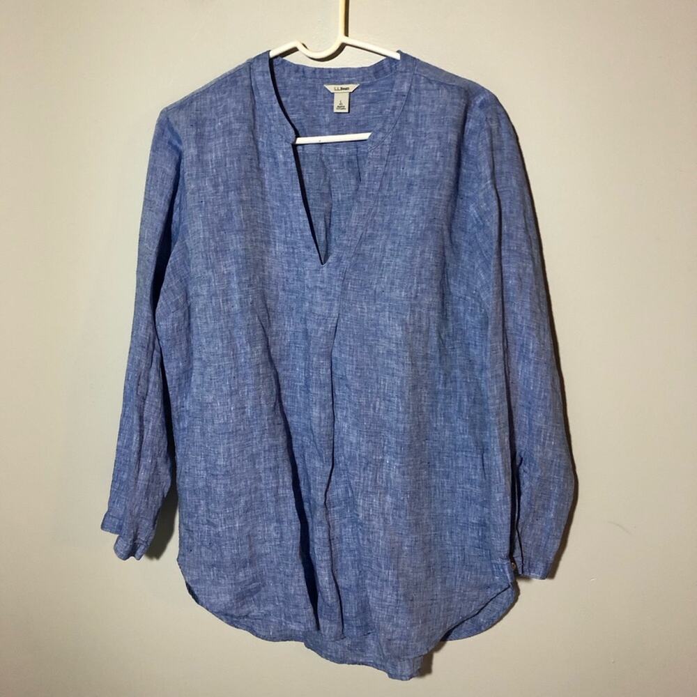 LL Bean womens LP linen long sleeve v neck pullover blue tunic top 504805
